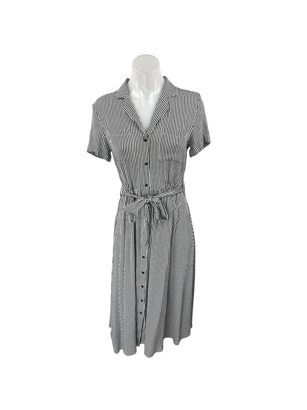 Monoprix Black White Striped Short Sleeve Belted Button Down Midi Shirt Dress 4